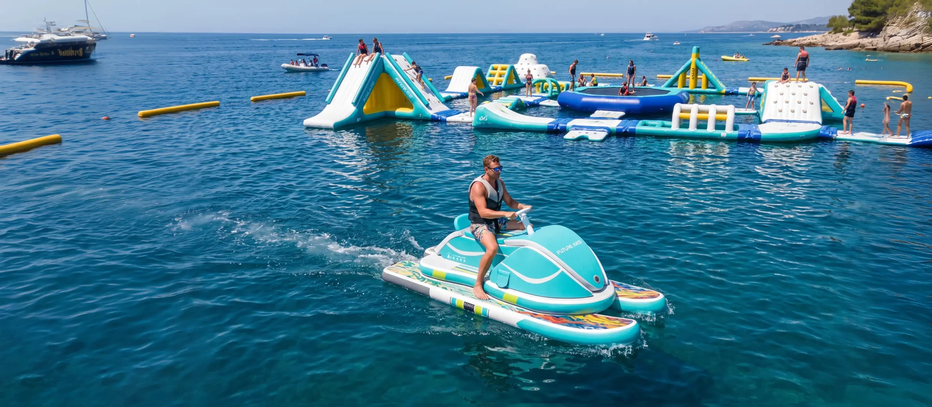 Hombre montado en moto de agua inflable en el mar azul cristalino, con parque acuático inflable flotante al fondo, equipos de ocio acuático de verano